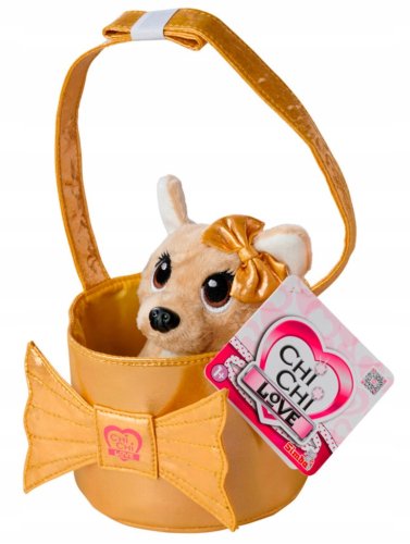 CHI CHI LOVE SHIMMER MASKOTKA PIESEK BEŻOWY W ZŁOTEJ TOREBCE 12 CM