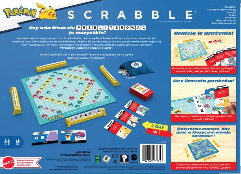 MATTEL SCRABBLE POKÉMON GRA PLANSZOWA RODZINNA TOWARZYSKA ORYGINAŁ 2W1 PL