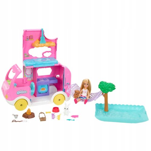 BARBIE LALKA CHELSEA RÓŻOWY KAMPER AUTO ZABAWKA DLA DZIEWCZYNKI HNH90
