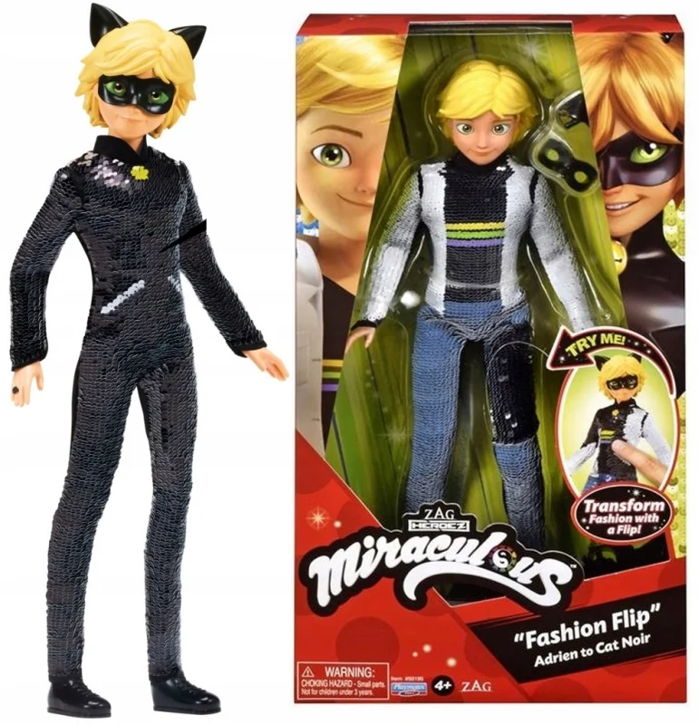 BIEDRONKA I CZARNY KOT MIRACULOUS LALKA FLIP ADRIEN CEKINY DUŻY 26 CM