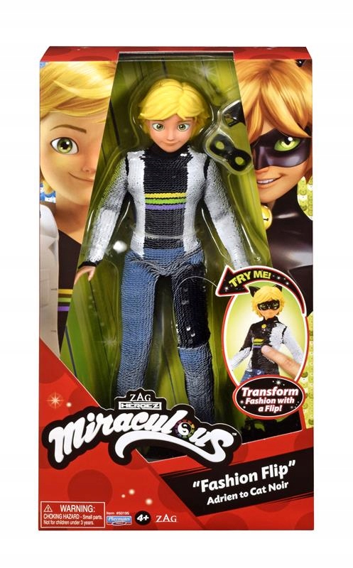 BIEDRONKA I CZARNY KOT MIRACULOUS LALKA FLIP ADRIEN CEKINY DUŻY 26 CM