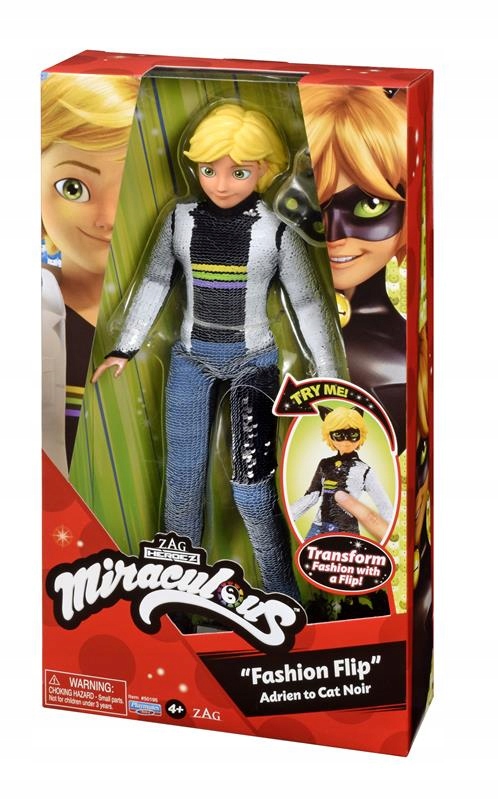 BIEDRONKA I CZARNY KOT MIRACULOUS LALKA FLIP ADRIEN CEKINY DUŻY 26 CM