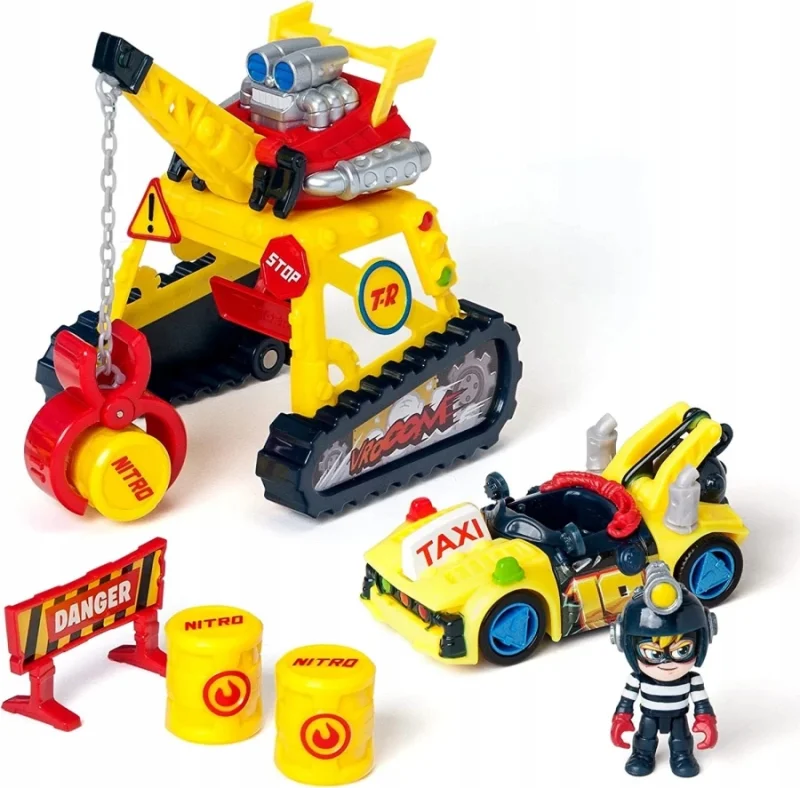 T-RACERS DUŻY ZESTAW POJAZDÓW TURBO CRANE CHALLENGE DŹWIG FIGURKA AKCESORIA